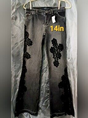 Embellished CELO Charcoal Gray Flare Jeans with Floral Detail